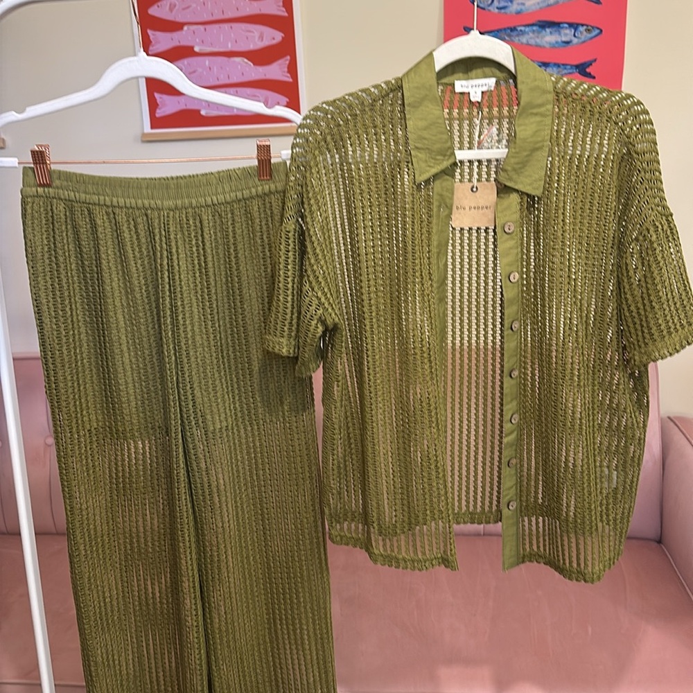 Blu Pepper Olive Green Crochet Button-Up Top & Wide Leg Pants Set